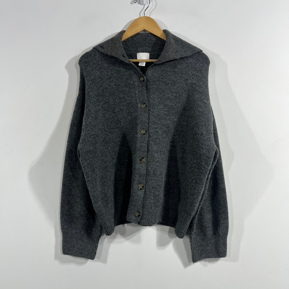 HM Parisian Capsule Fisherman Knit Polo Collar Cardigan Sweater Large Wool Blend
